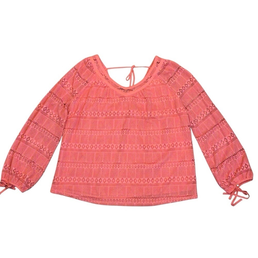 Kori America Women’s Lace Crochet Peasant Top Coral Tie Back Boho Long Sleeve L